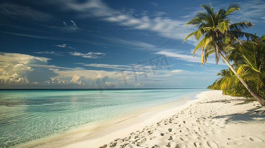 海边游泳摄影照片_蓝天白云下椰林海边图片