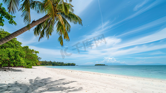 椰树大海摄影照片_蓝天白云下椰林海边图片