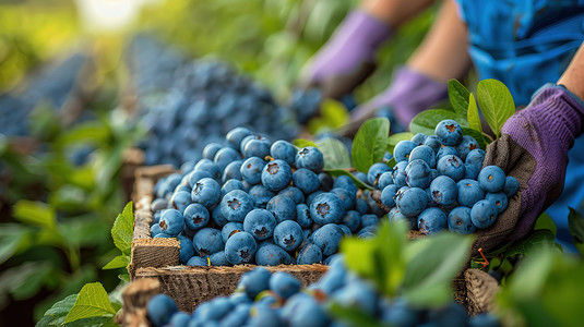采摘蓝莓摄影照片_采摘蓝莓的蓝莓种植园摄影图