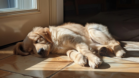 狗在睡觉摄影照片_一只狗睡在地板上高清摄影图