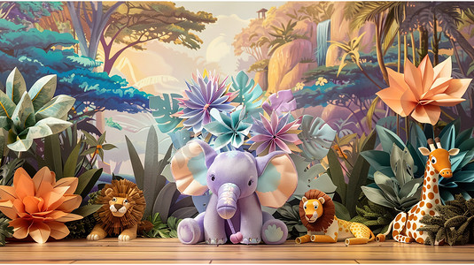 3D鲜花丛中的大象和其他动物图片