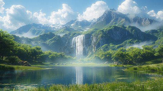 广阔的绿色草原高山瀑布高清摄影图