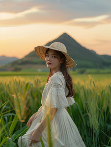 麦田日落摄影照片_麦田人像摄影白色裙子美女摄影照片