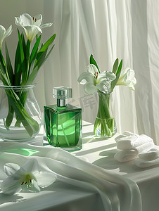 香水瓶三视图摄影照片_绿色清新的香水瓶高清摄影图