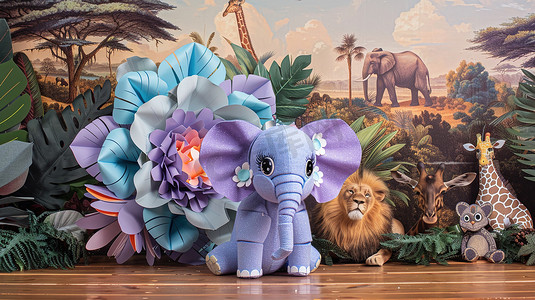 3D鲜花丛中的大象和其他动物图片