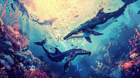 鲸鱼潜水员海洋背景图片_深海鲸鱼珊瑚合成创意素材背景