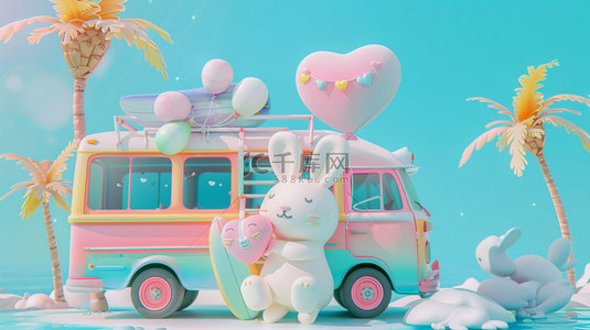高兴的兔子背景图片_兔子巴士海滩合成创意素材背景