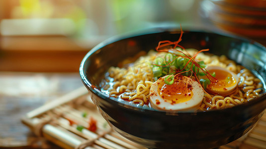 火车泡面摄影照片_泡面餐桌鸡蛋美食摄影照片