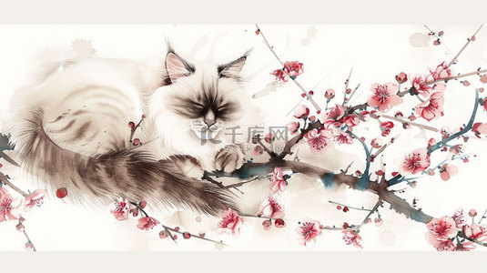 猫咪桃花树枝合成创意素材背景