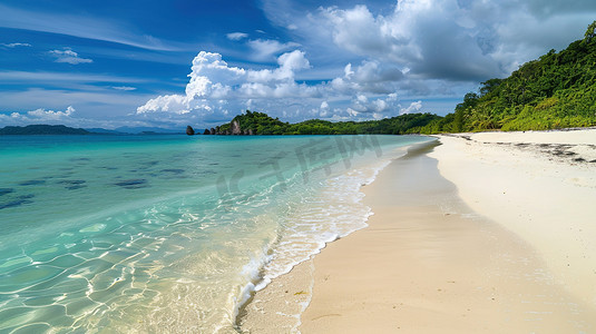 椰树大海摄影照片_蓝天白云下椰林海边图片