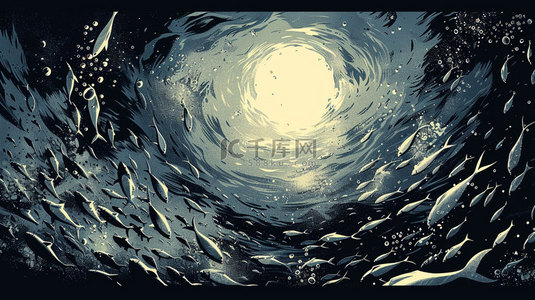还的鱼群背景图片_鱼群月亮围绕合成创意素材背景