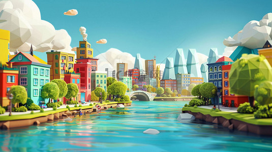 卡通河流城市合成创意素材背景