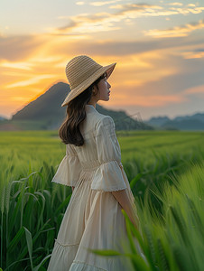 麦田日落摄影照片_麦田人像摄影白色裙子美女高清摄影图