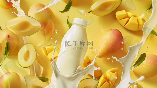叉子叉着芒果背景图片_黄色芒果牛奶合成创意素材背景