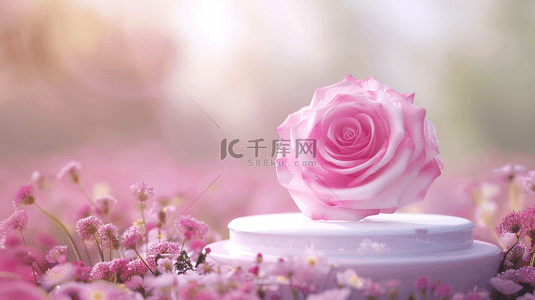 立体粉色花朵背景图片_粉色520花朵3D立体装饰圆柱电商背景