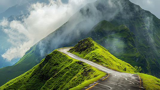 高山草原山顶上的蜿蜒道路高清摄影图