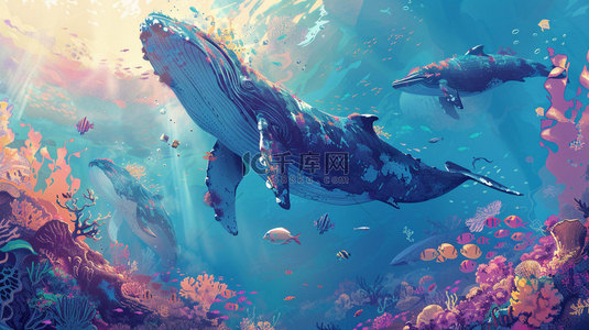 鲸鱼组件背景图片_深海鲸鱼珊瑚合成创意素材背景
