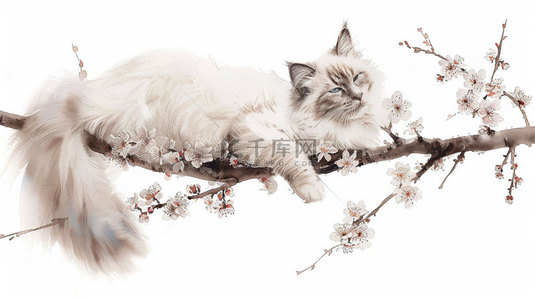 猫咪桃花树枝合成创意素材背景