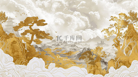 山间松柏亭阁合成创意素材背景