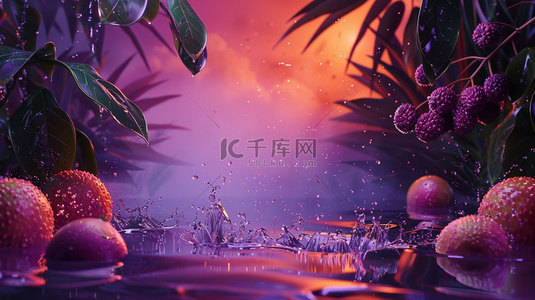 水果绿叶紫色合成创意素材背景