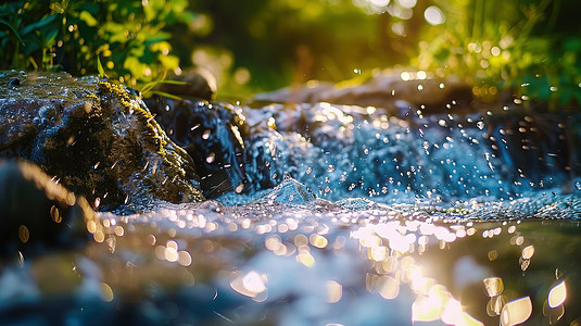 瀑布水流细节阳光摄影图