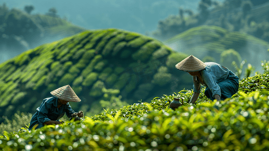 ai插画劳动节摄影照片_茶园中采茶的茶农摄影15