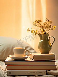 床上书本上的一杯茶复古摄影配图