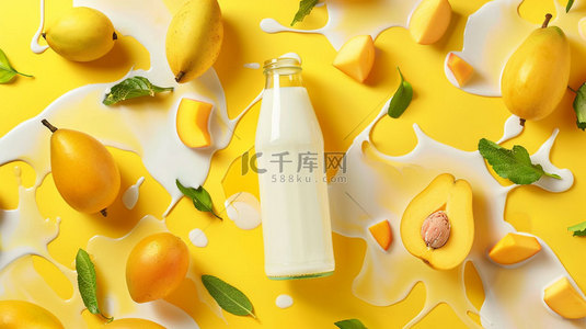 牛奶素材背景背景图片_黄色芒果牛奶合成创意素材背景
