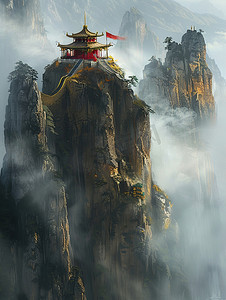 中式山峰摄影照片_山峰峭壁上的古阁楼图片