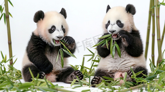 肥嘟嘟的摄影照片_两只在吃竹子的熊猫图片