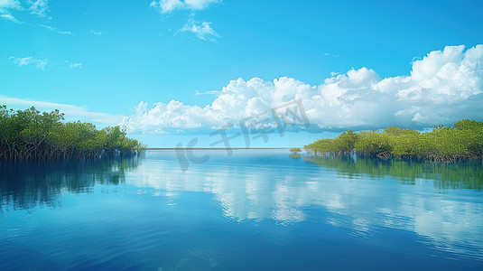 全景树林摄影照片_蓝色淡水河口全景图片