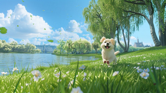 项圈小狗背景图片_小狗河畔柳树合成创意素材背景