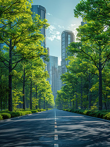 绿化带手绘摄影照片_现代城市绿化道路摄影配图