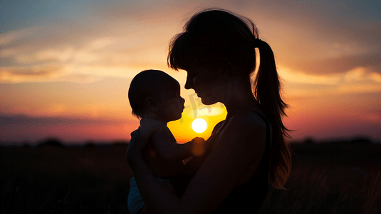 夕阳中妈妈抱着婴儿摄影13