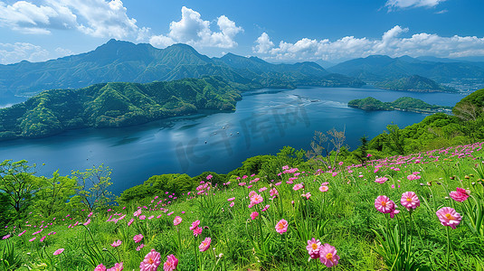 青山环绕的广阔蓝湖照片