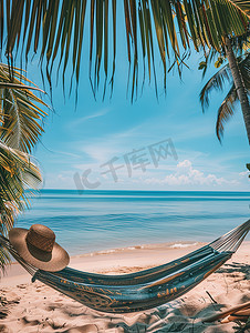 沙滩吊床草帽夏天旅游高清摄影图