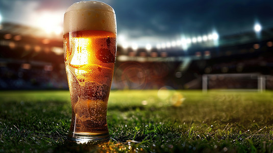 足球场背景一杯啤酒照片