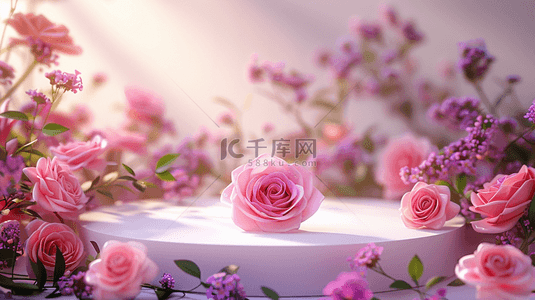 电商粉色浪漫背景图片_粉色520花朵3D立体装饰圆柱电商背景