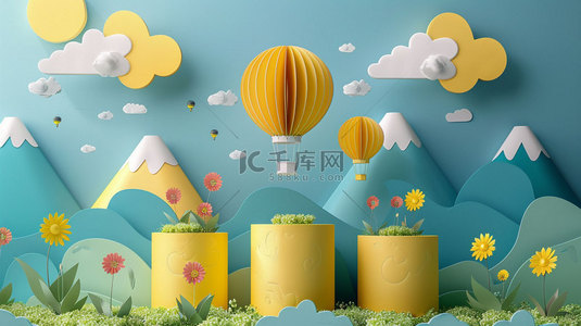 创意热气球背景图片_热气球草地模型合成创意素材背景