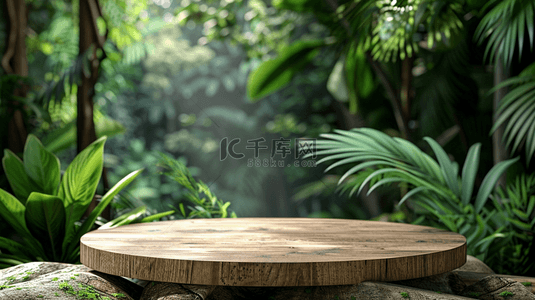 植物电商背景图片_绿色夏季热带雨林电商圆柱展台背景