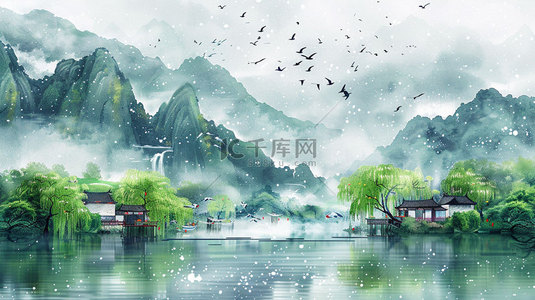 水墨创意背景图片_水墨高山水乡合成创意素材背景