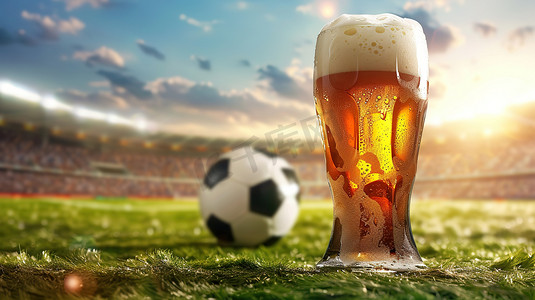 足球场背景一杯啤酒摄影图