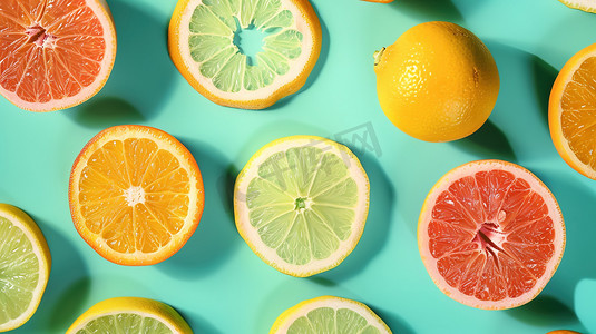 纯色背景图片摄影照片_青蓝背景上的柠檬西柚切片图片