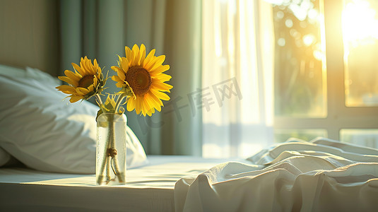 床上摄影照片_床上放着一瓶向日葵照片