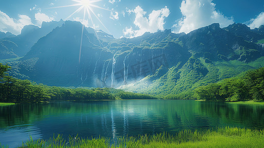 广阔的绿色草原高山瀑布摄影配图