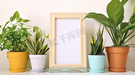 电商植物摄影照片_绿植盆栽装饰的木质展示框图片