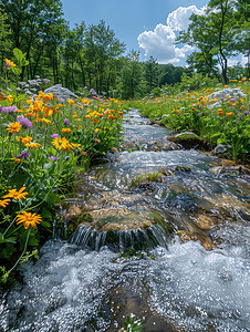 流动的小溪夏日清凉高清图片