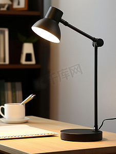 现代办公桌上的黑色台灯照片