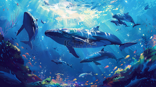 鲸鱼打架背景图片_深海鲸鱼珊瑚合成创意素材背景
