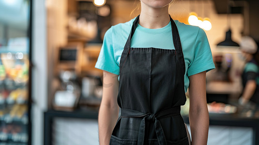 咖啡厅里穿蓝色T恤挂着黑色围裙的店员图片